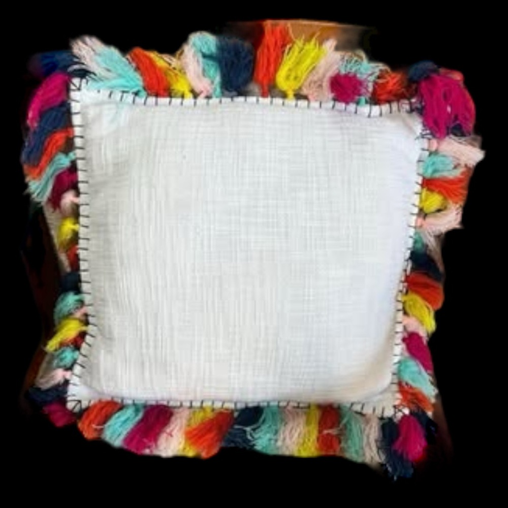 White & Colorful Fringed Pillow